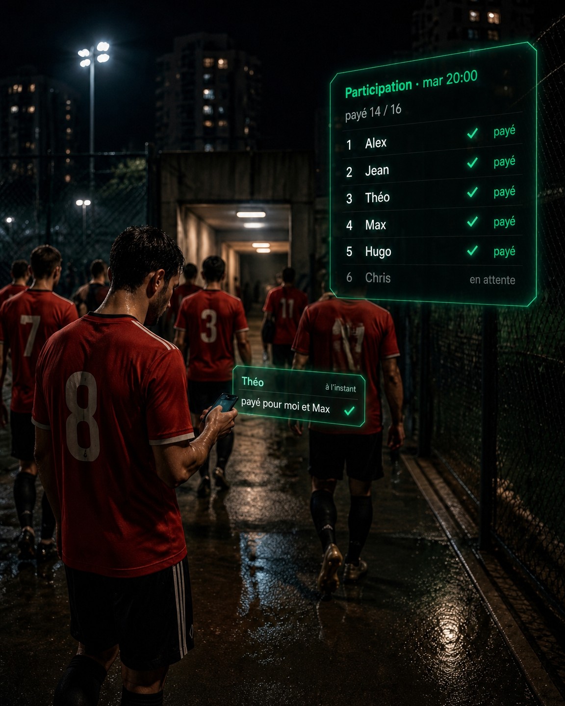 Qui a payé le terrain : la liste des participations est visible directement dans le groupe de l'équipe, sans tableur et sans appel