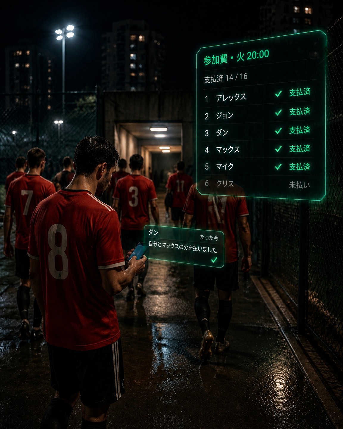 コート代を誰が払ったか: 参加費のリストがチームのチャットにそのまま見えている。表計算も点呼もなし