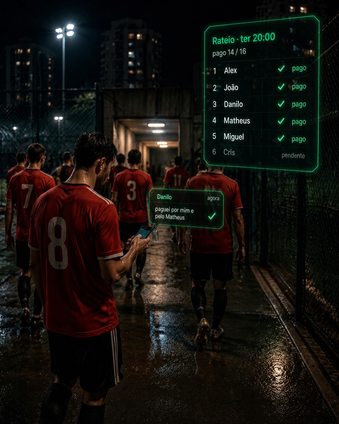 Quem pagou a quadra: a lista do rateio aparece dentro do grupo do time, sem planilha e sem chamada