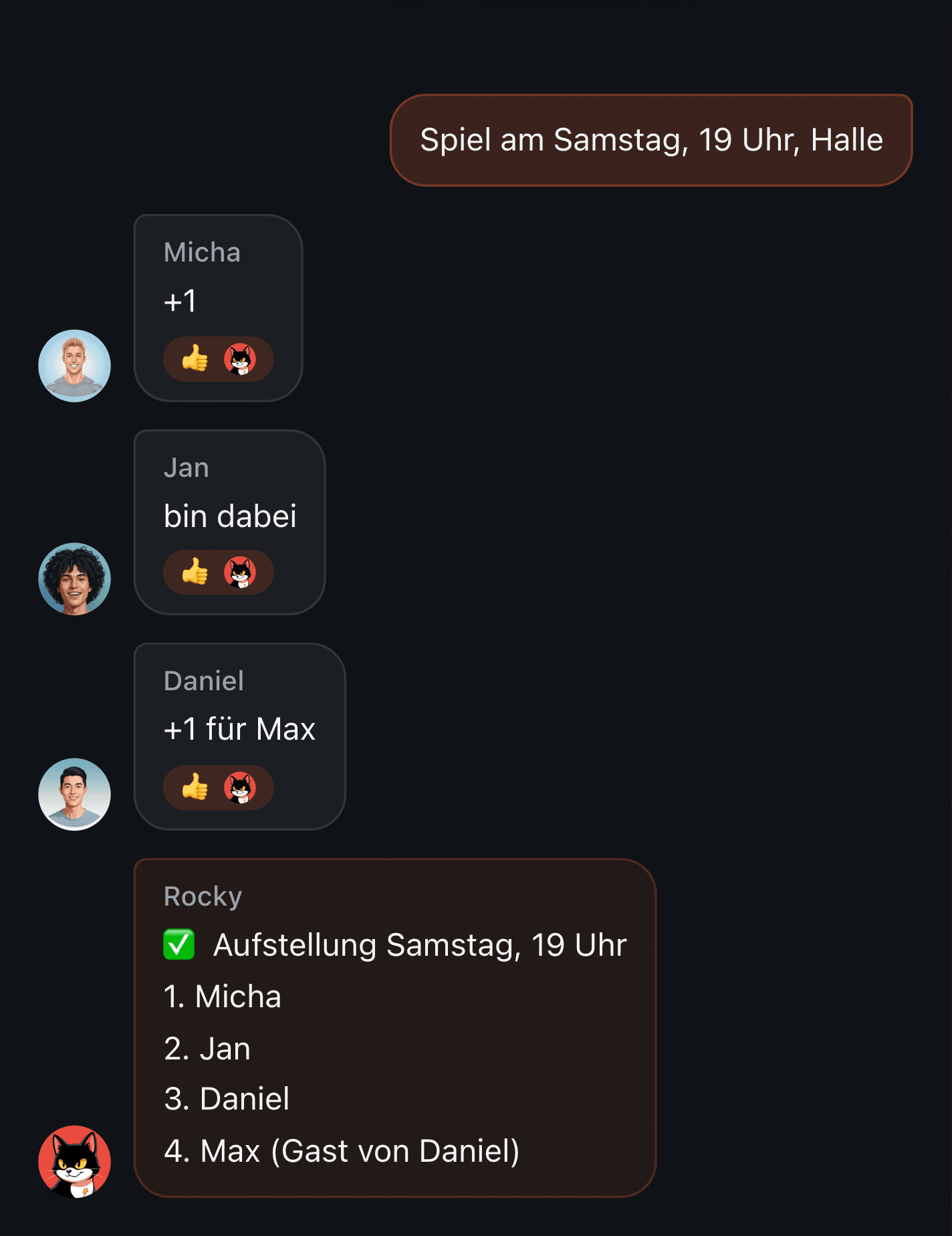 Wie man im Telegram-Chat eine Spielerliste führt: „+1 für Max“ liefert eine nummerierte Aufstellung, der Gast bekommt eine eigene Zeile