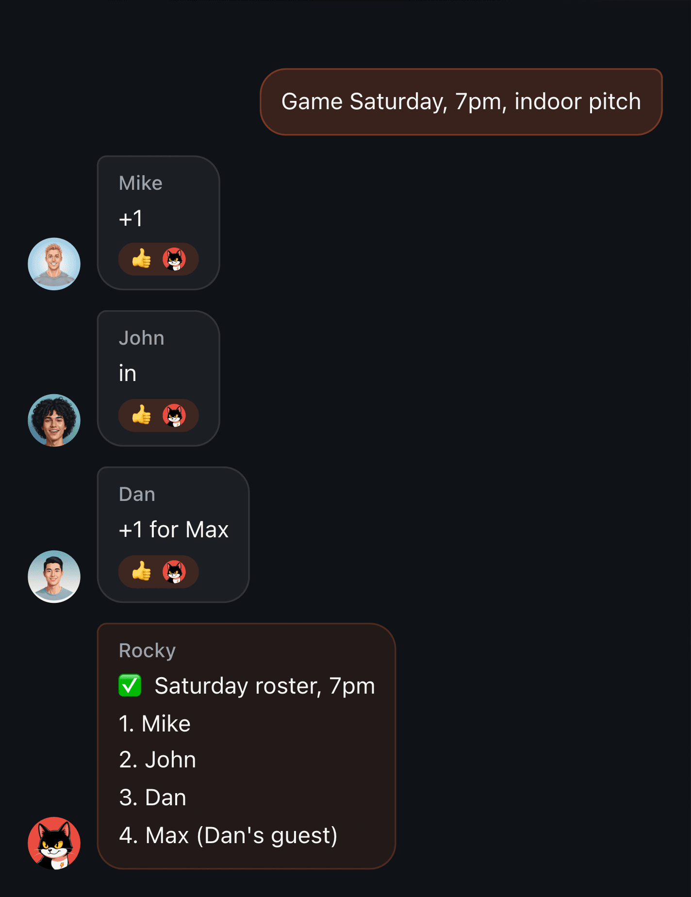 Confirmed players in a Telegram game roster
