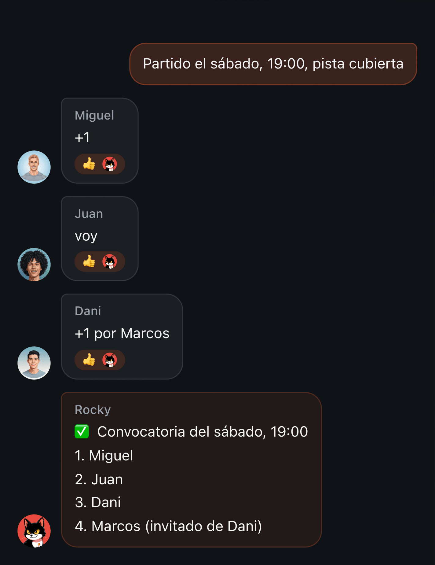 Cómo llevar la lista de un partido en un chat de Telegram: «+1 por Marcos» devuelve una convocatoria numerada con el invitado en su propia línea