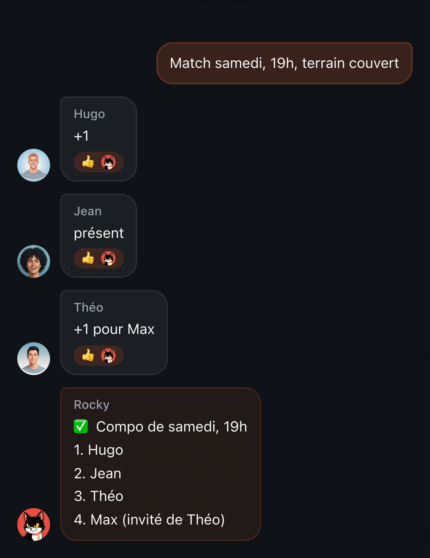 Comment tenir la liste d'un match dans un chat Telegram : « +1 pour Max » renvoie une compo numérotée, l'invité sur sa propre ligne