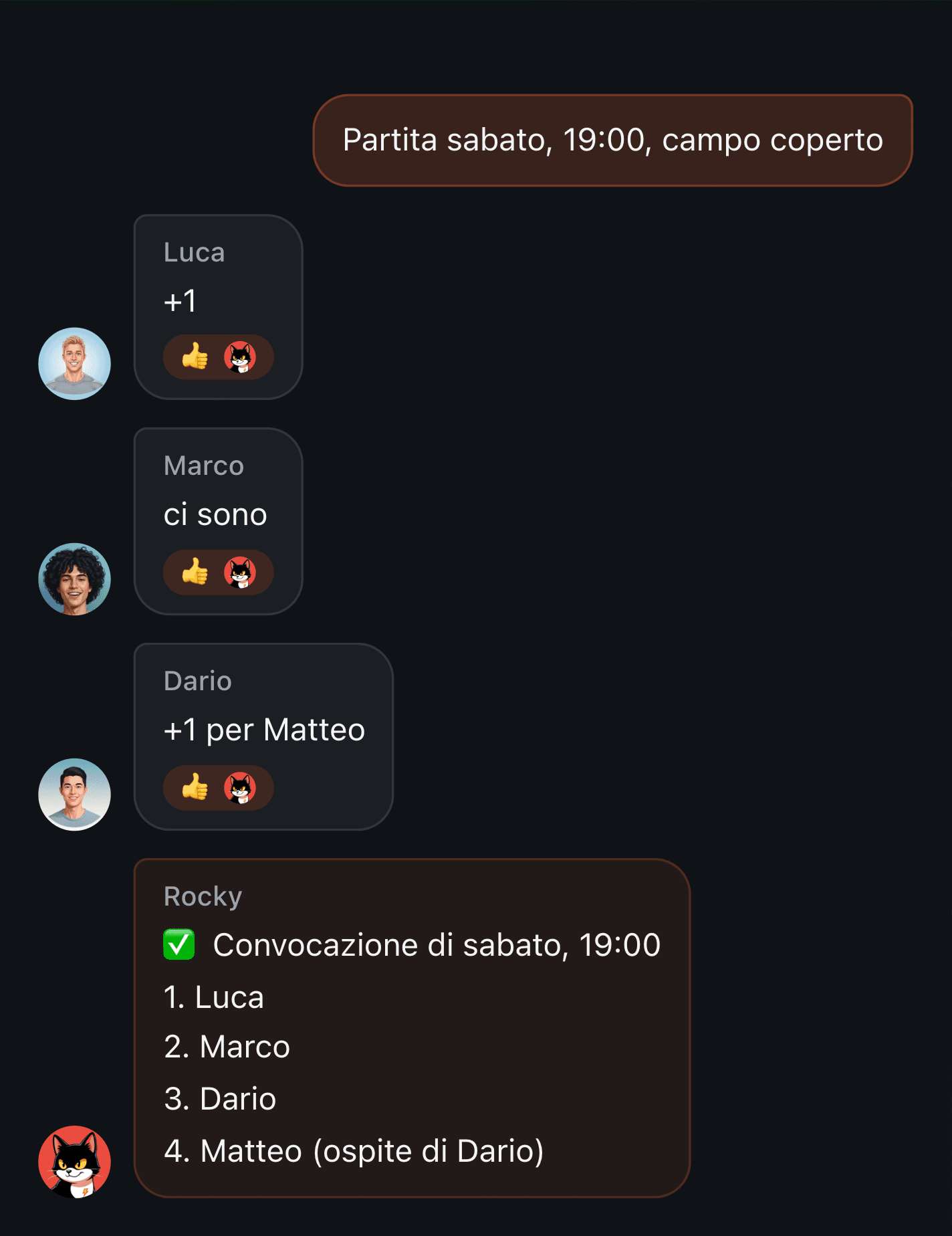 Come tenere la lista di una partita in una chat Telegram: «+1 per Matteo» restituisce una convocazione numerata, l'ospite ha la sua riga