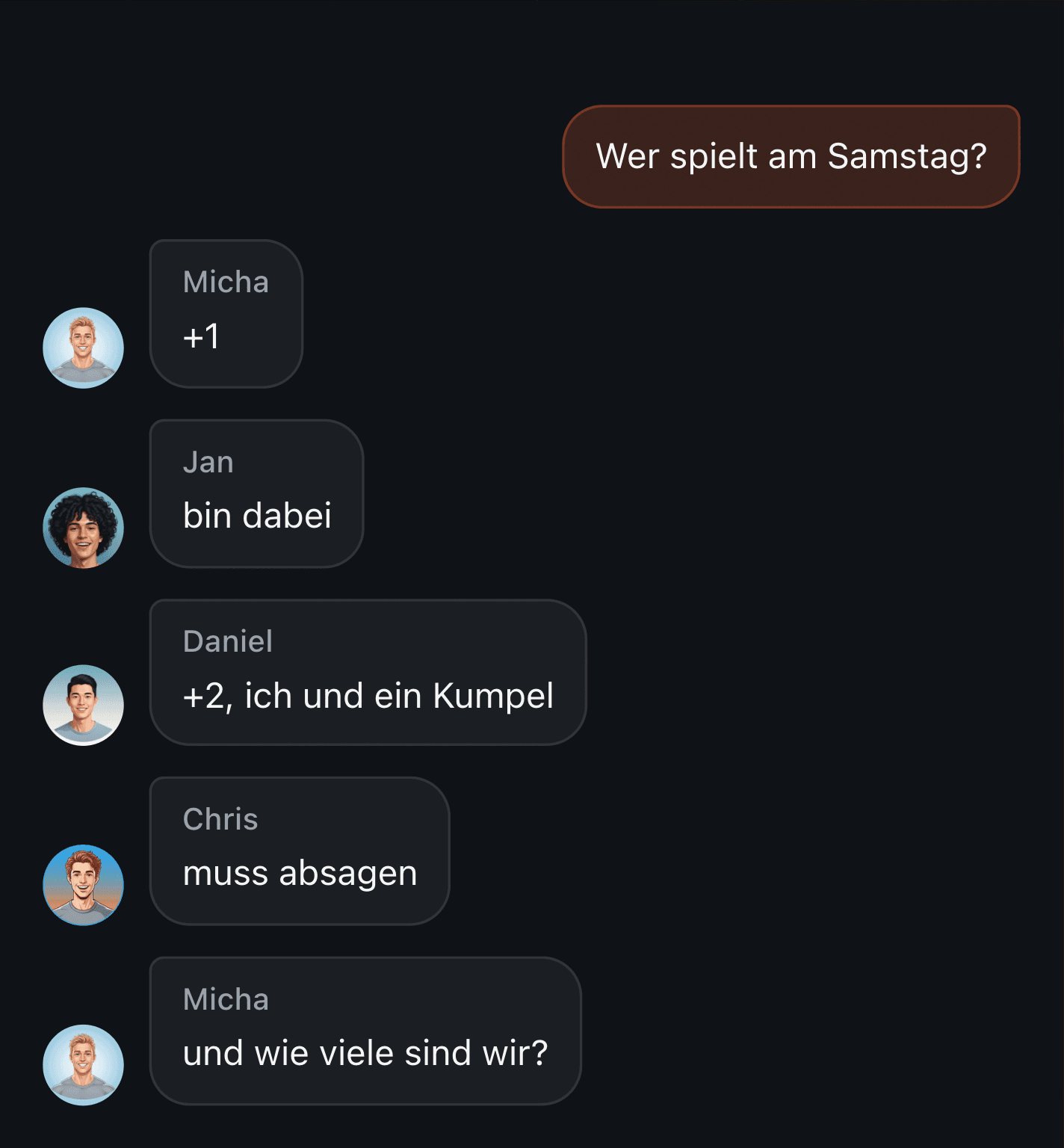 Anmeldung zum Spiel im Gruppenchat: eine Spalte aus Pluszeichen unter der angehefteten Nachricht, aus der sich keine Spielerzahl mehr ergibt