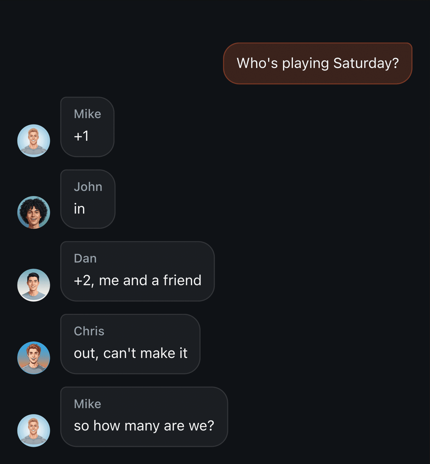 Game sign-ups in a group chat: a column of pluses under a pinned message that no longer adds up to a headcount