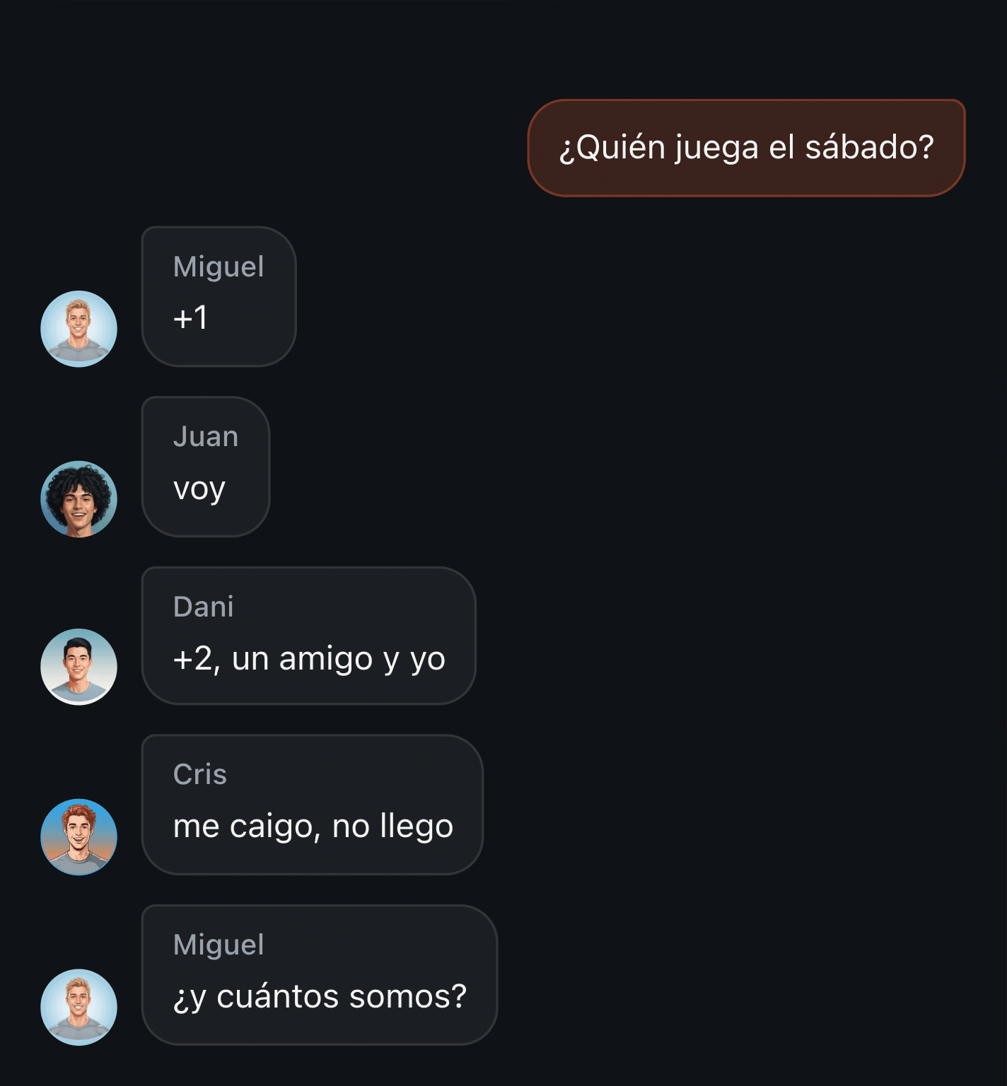 Convocatoria en un grupo de chat: una columna de «+» bajo el mensaje fijado que ya no da un número de jugadores