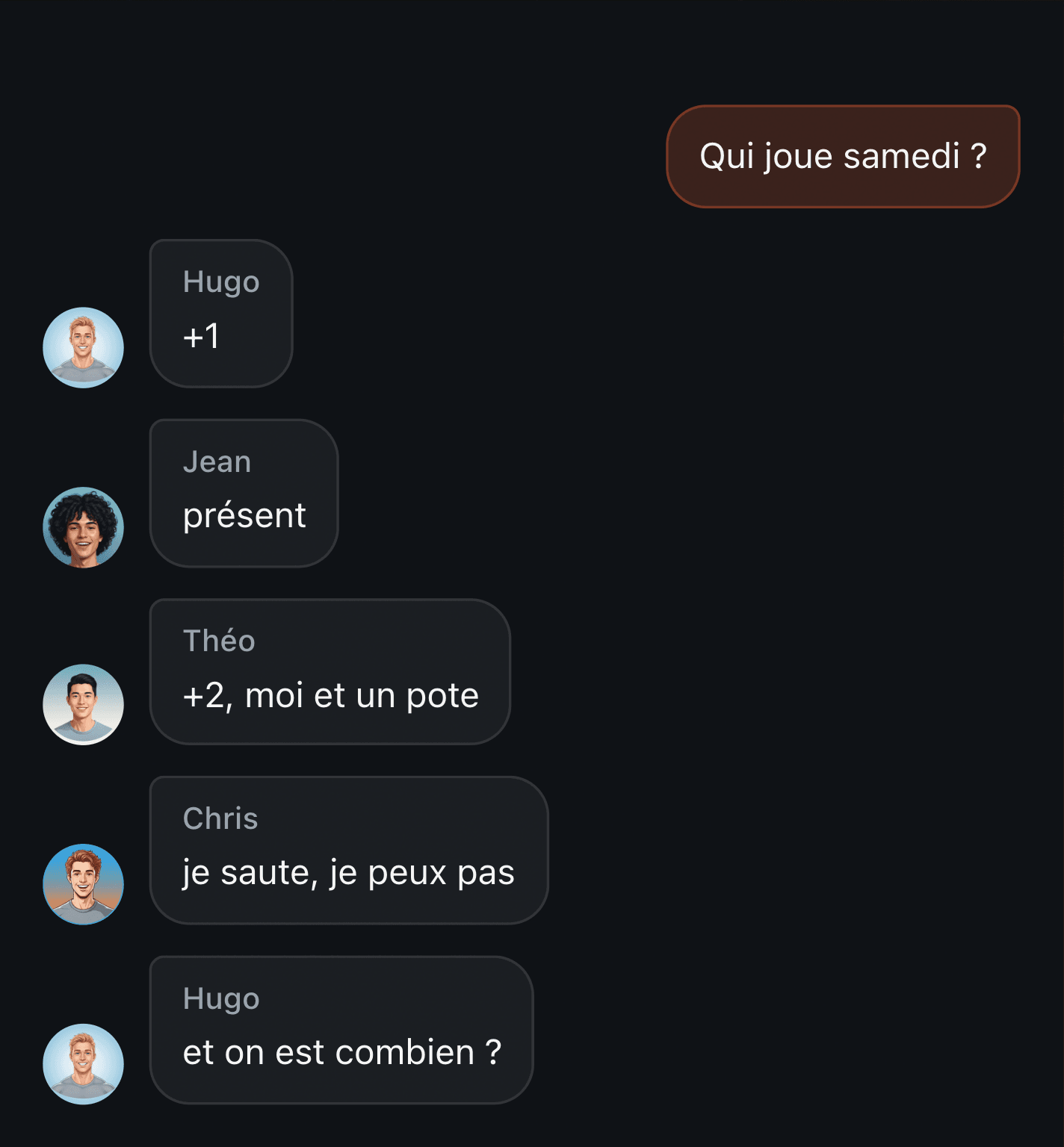 Inscriptions au match dans un groupe : une colonne de « + » sous le message épinglé dont on ne tire plus un nombre de joueurs