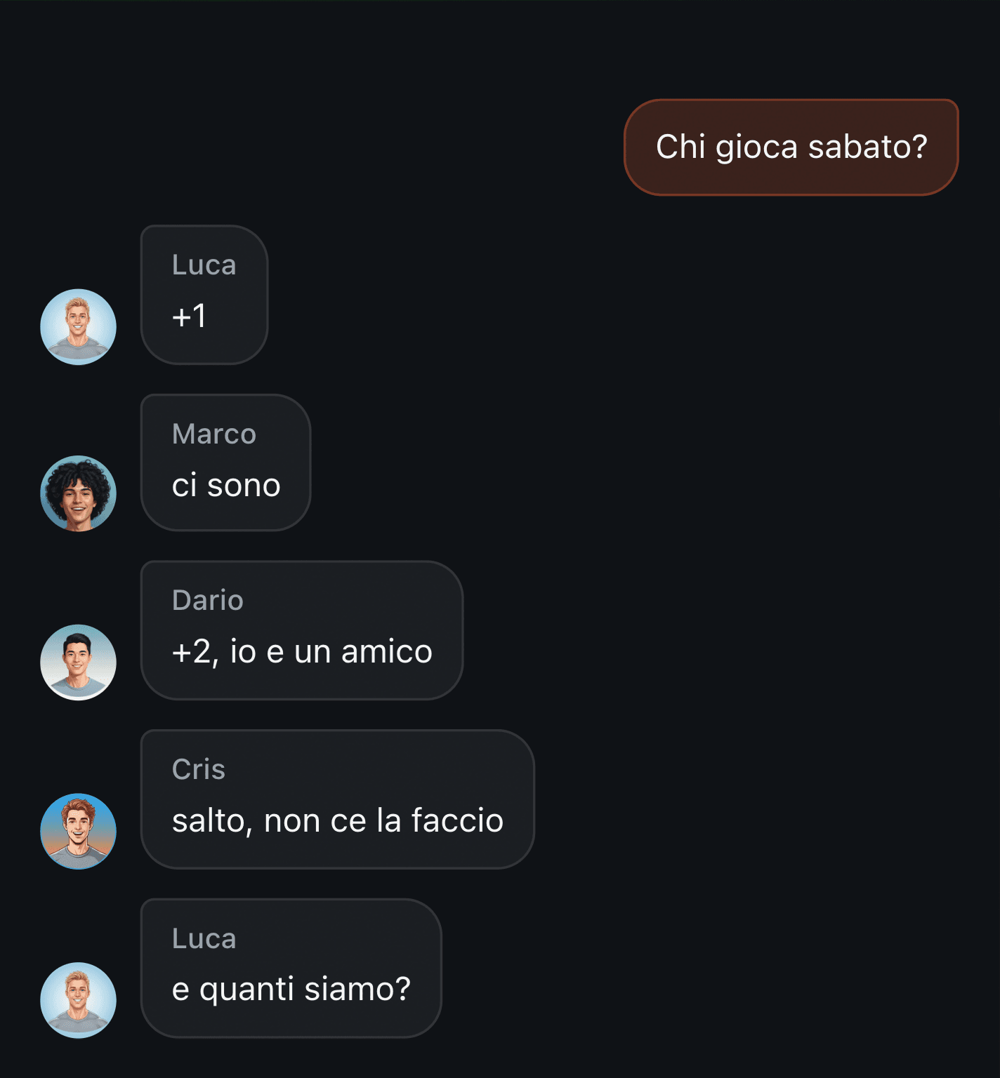 Iscrizioni alla partita in una chat di gruppo: una colonna di «+» sotto il messaggio fissato da cui non esce più un numero di giocatori
