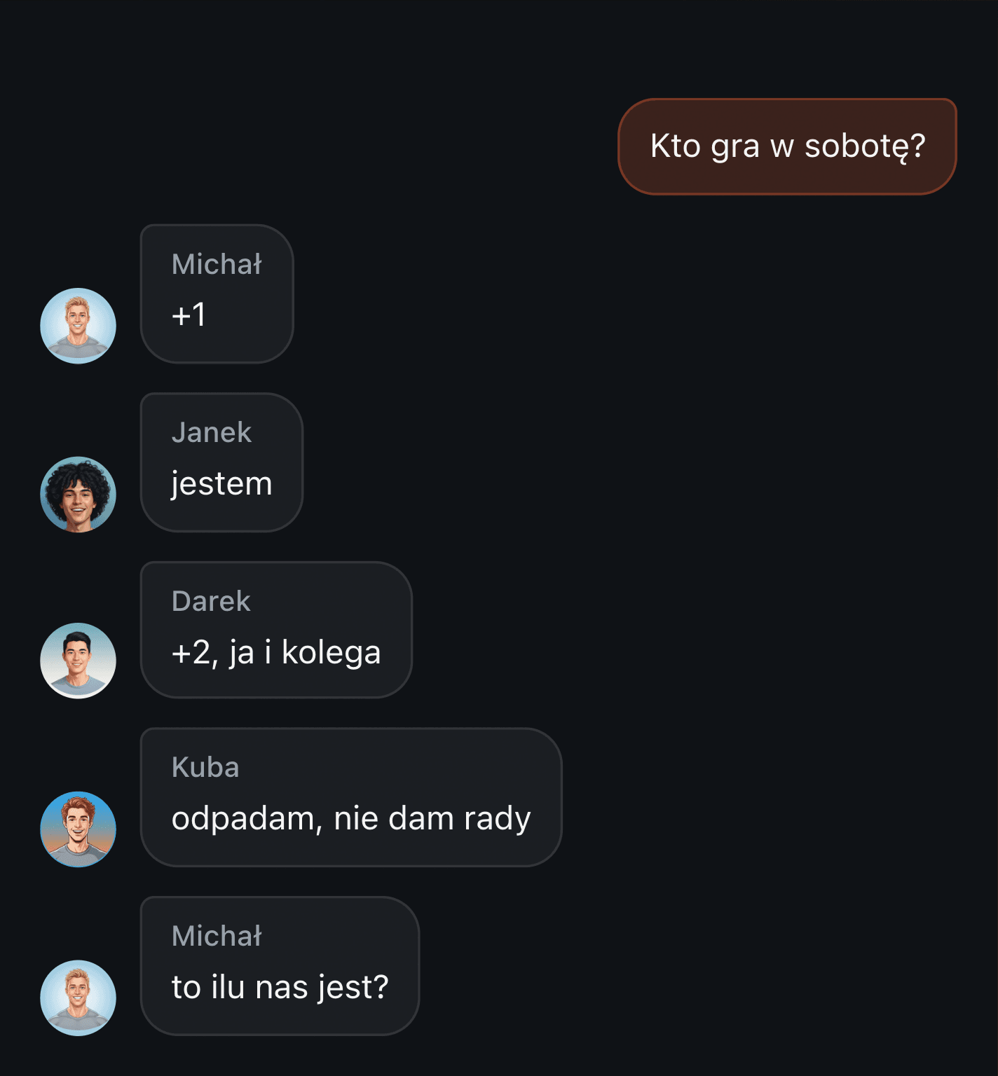 Zapisy na mecz w czacie grupowym: kolumna plusów pod przypiętą wiadomością, z której nie da się już policzyć składu