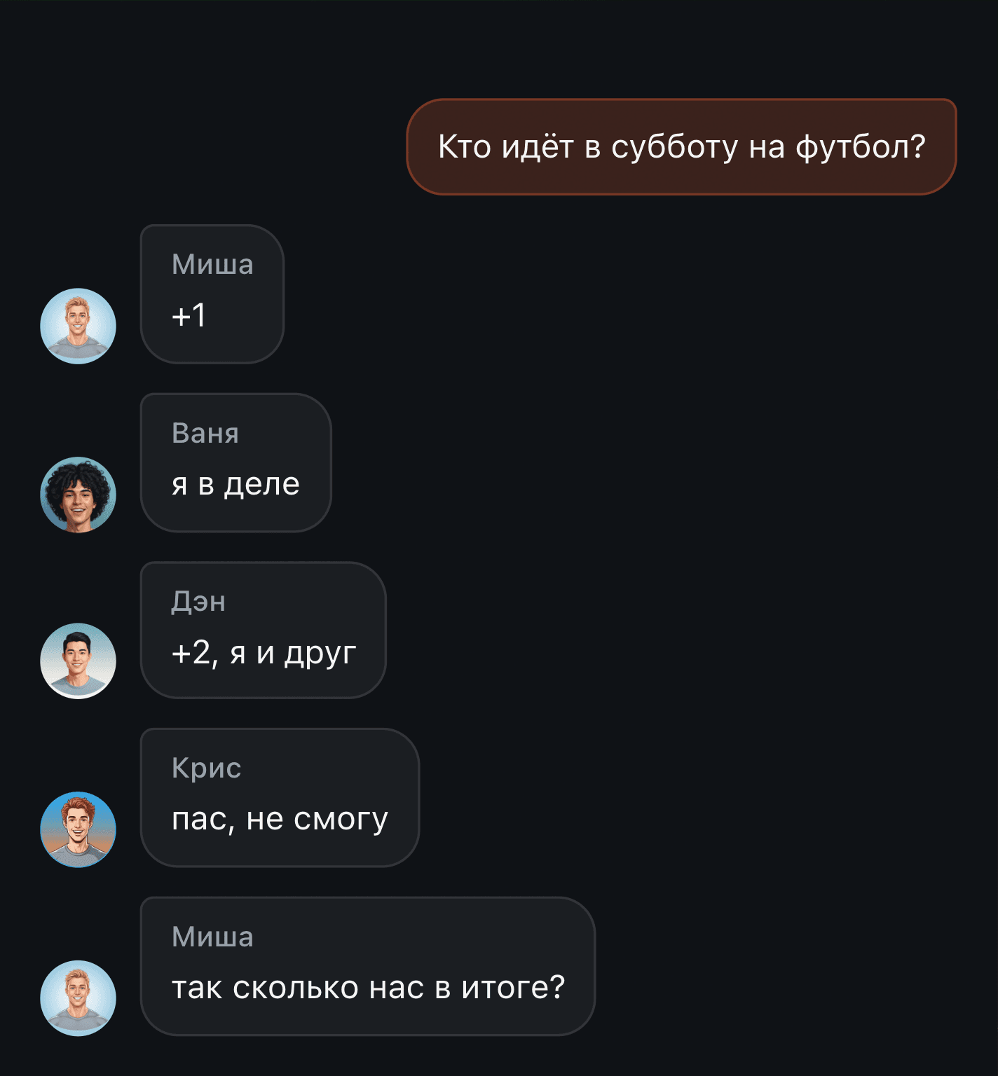 A thread under a pinned message: five plus-and-minus replies, the last one asking how many are in after all — with no answer