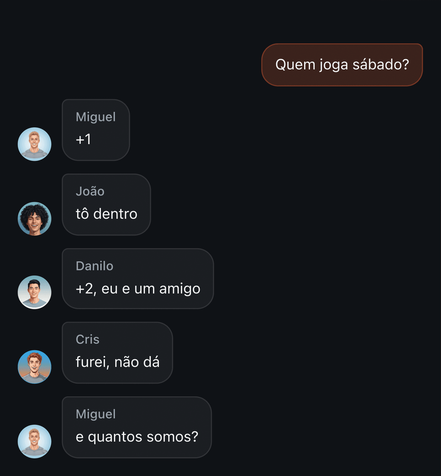 Chamada para o jogo num grupo: a coluna de “+” embaixo da mensagem fixada que já não fecha o número de jogadores