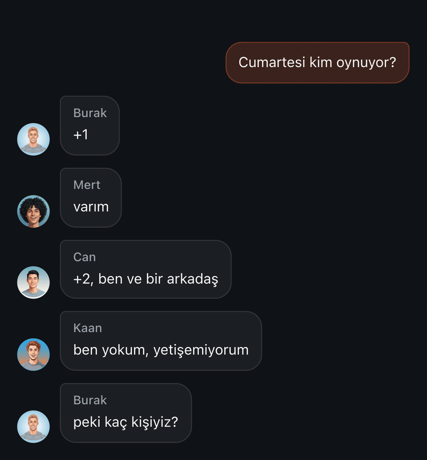 Grup sohbetinde maç kaydı: sabitlenmiş mesajın altında, artık kaç kişi olduğunu vermeyen bir artı sütunu