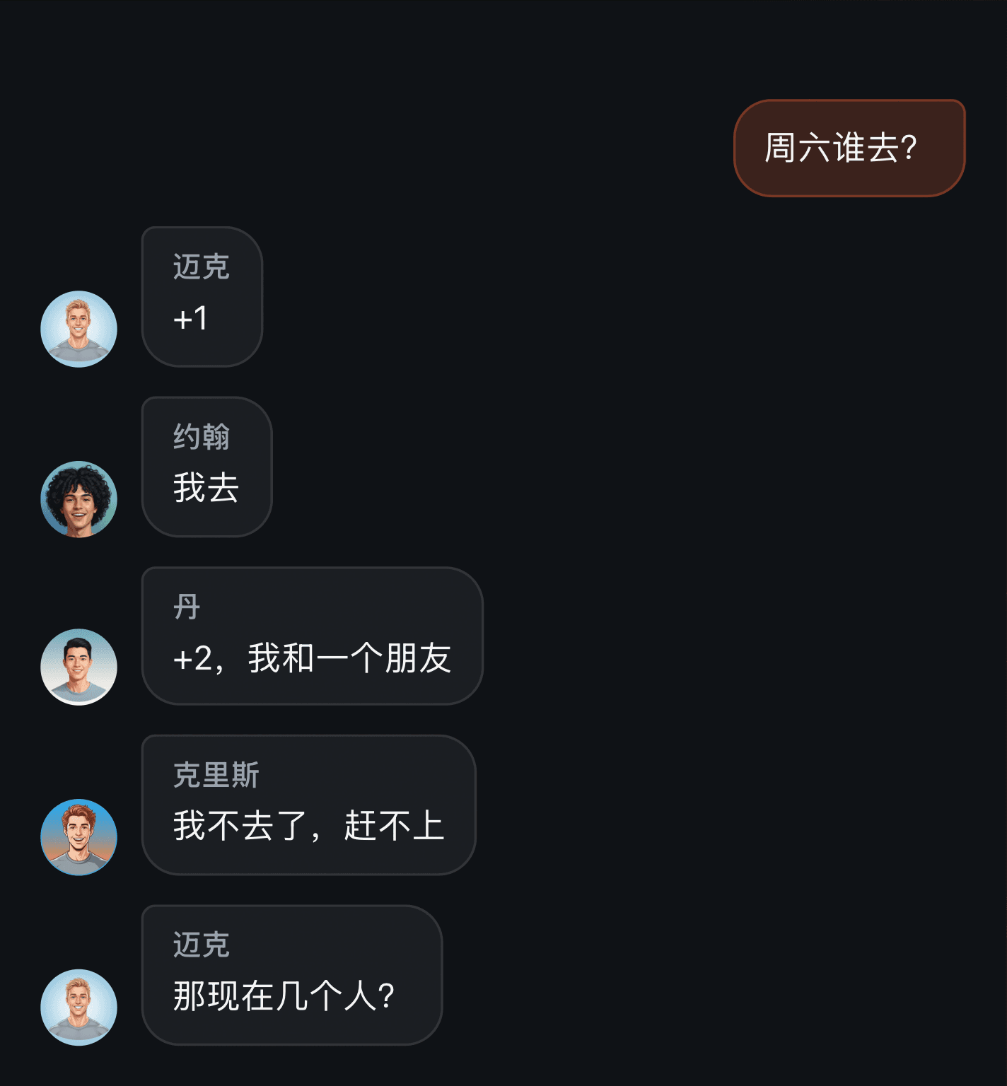 群聊里的比赛报名：置顶消息下面那一列「+」，已经算不出到底几个人
