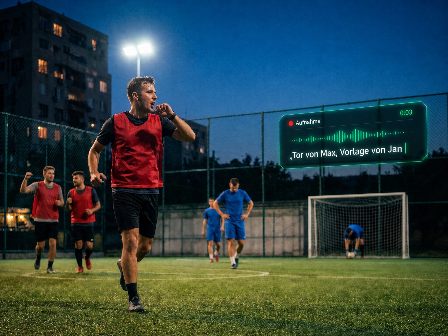 Den Spielstand mit der Apple Watch führen: ein Spieler im roten Leibchen spricht ein Tor in seine Uhr, während das Spiel weiterläuft und seine Mannschaft zurückjoggt