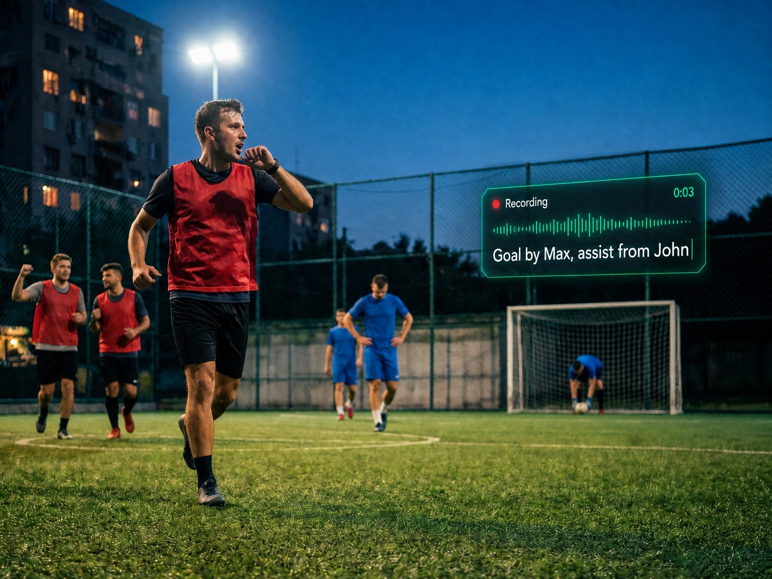 Keeping score on an Apple Watch: a player in a red bib speaks a goal into his watch while the game goes on and his team jogs back