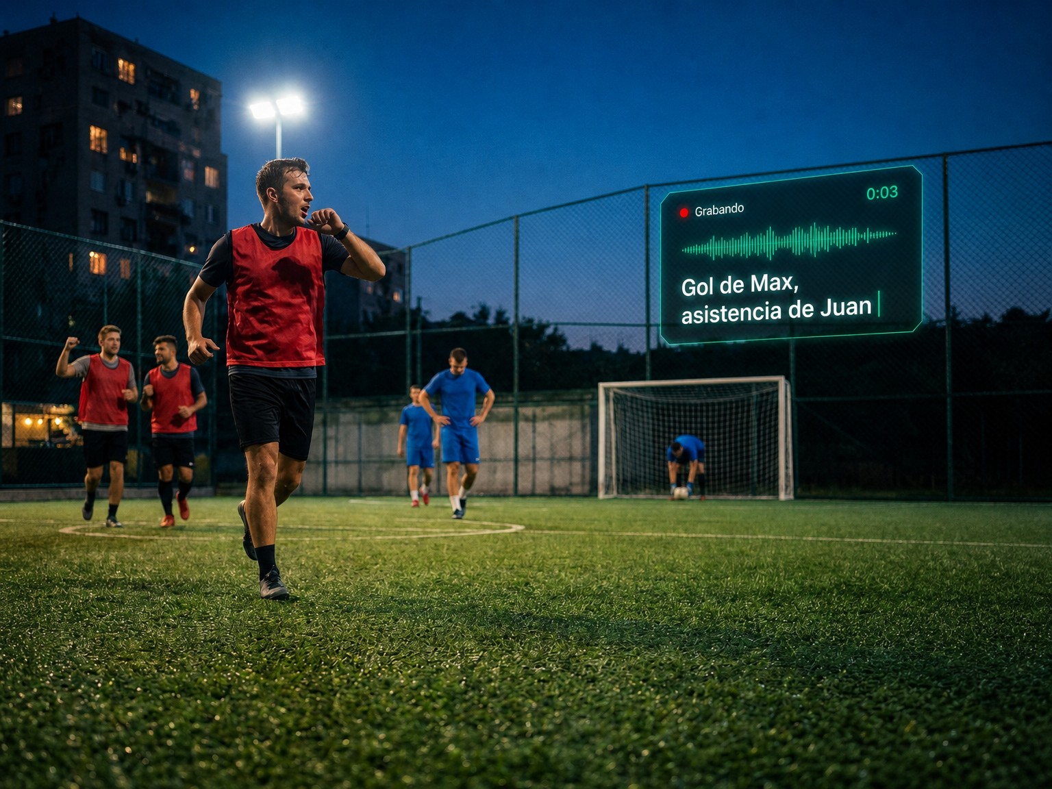 Llevar el marcador con un Apple Watch: un jugador con peto rojo dicta un gol a su reloj mientras el partido sigue y su equipo vuelve a su campo