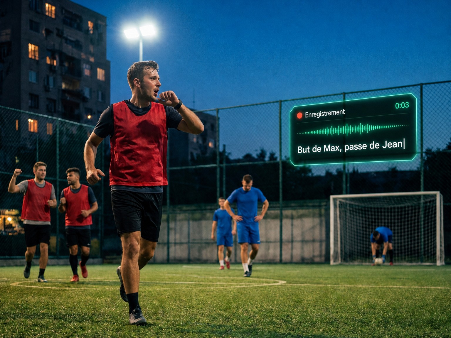 Tenir le score avec une Apple Watch : un joueur en chasuble rouge dicte un but à sa montre pendant que le jeu continue et que son équipe revient dans son camp