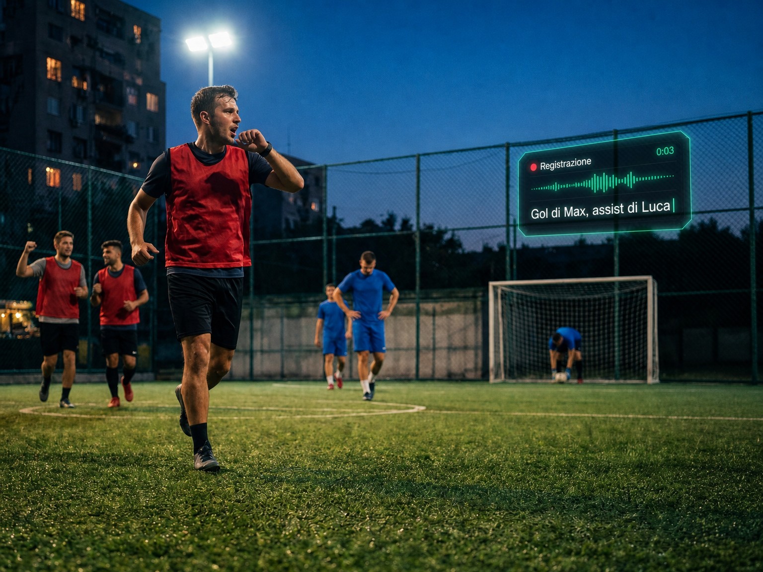 Tenere il punteggio con un Apple Watch: un giocatore con la pettorina rossa detta un gol all'orologio mentre il gioco continua e la sua squadra rientra nella propria metà campo