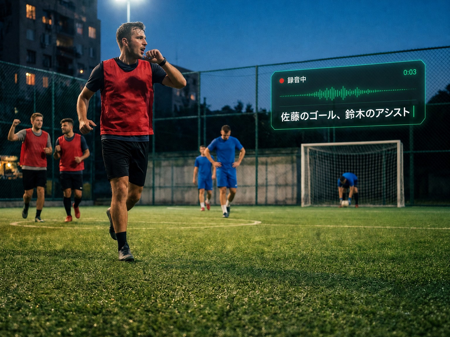 Apple Watchでスコアをつける: 赤いビブスの選手が、プレーが続くなか腕時計にゴールを話しかけ、チームメイトは自陣へ戻っていく