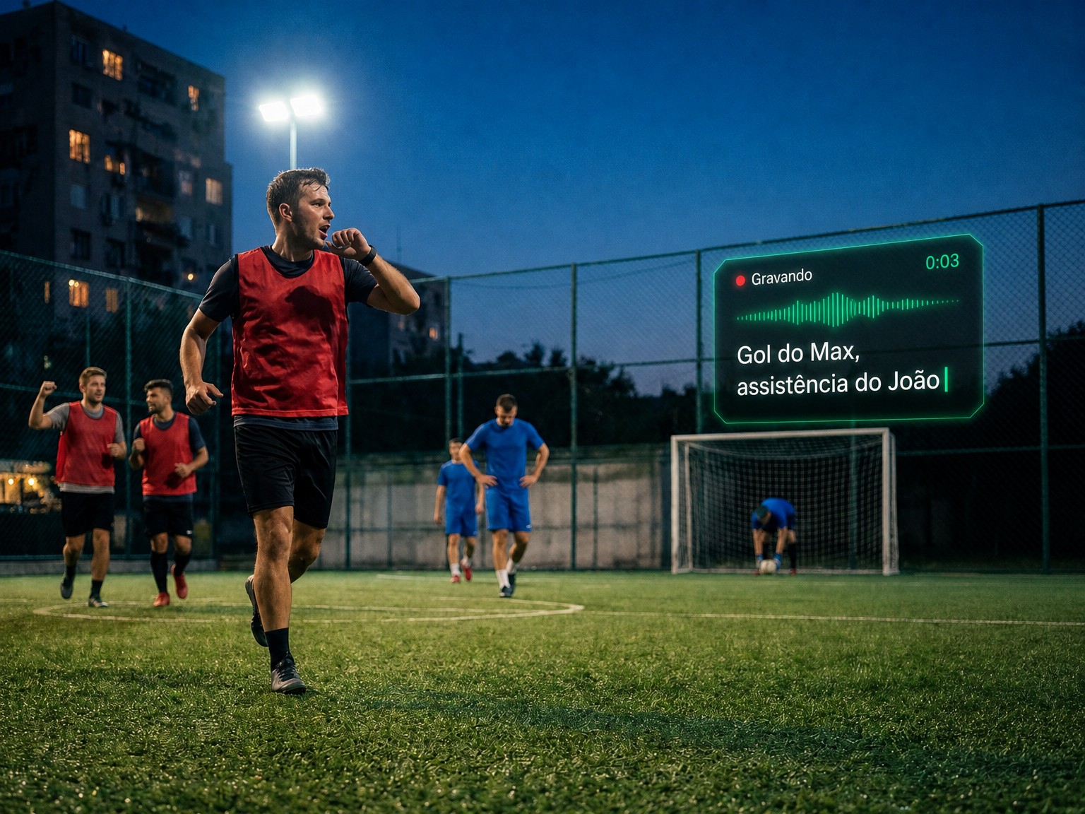 Marcar o placar com um Apple Watch: um jogador de colete vermelho dita um gol para o relógio enquanto o jogo segue e seu time volta para o próprio campo