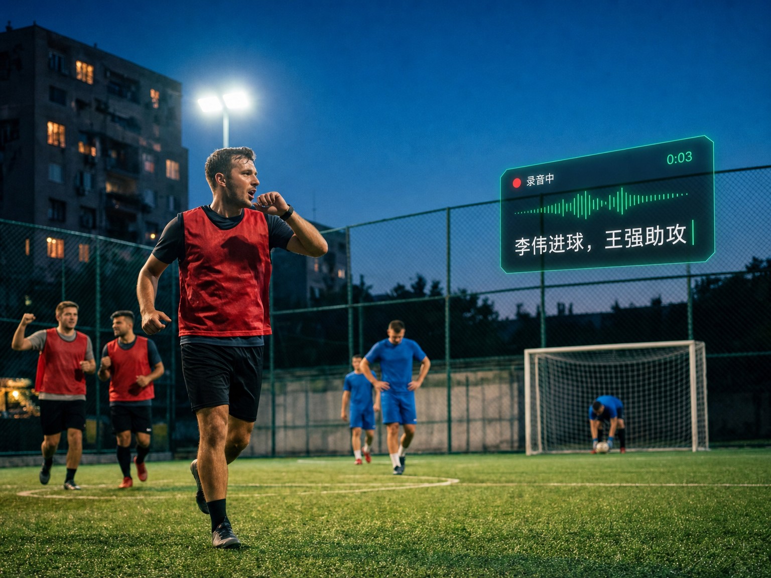 用 Apple Watch 记比分:一名穿红色号坎的球员在比赛继续、队友回撤本方半场时,对着手表说出这粒进球
