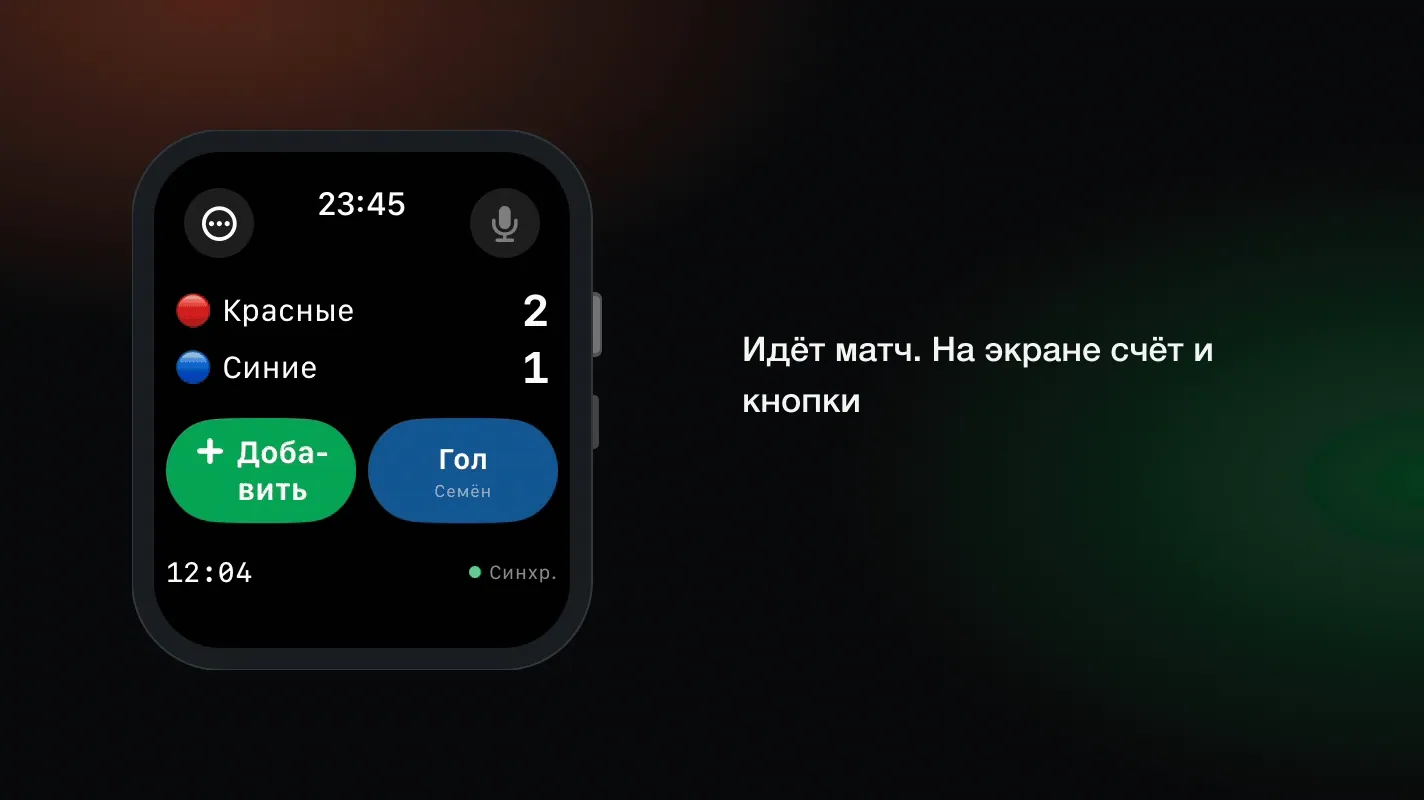 Интерфейс TeamUp Live на Apple Watch: запись гола шаг за шагом, счёт меняется с 2:1 на 3:1, запись появляется в ленте матча
