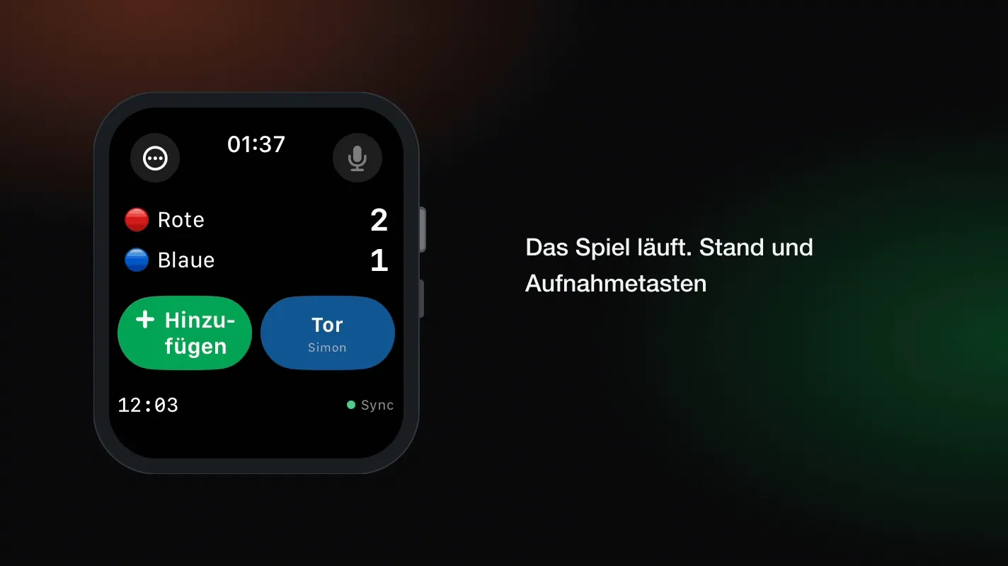 Die Oberfläche von TeamUp Live auf der Apple Watch: ein Tor Schritt für Schritt erfasst, der Stand wechselt von 2:1 auf 3:1, der Eintrag erscheint im Spielprotokoll