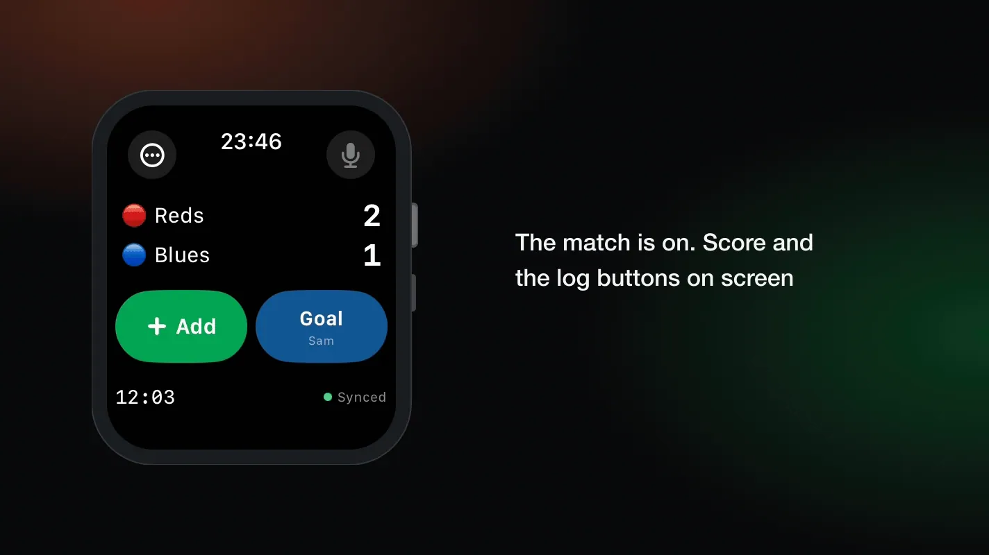 The TeamUp Live interface on Apple Watch: logging a goal step by step, the score going from 2-1 to 3-1, and the entry appearing in the match log