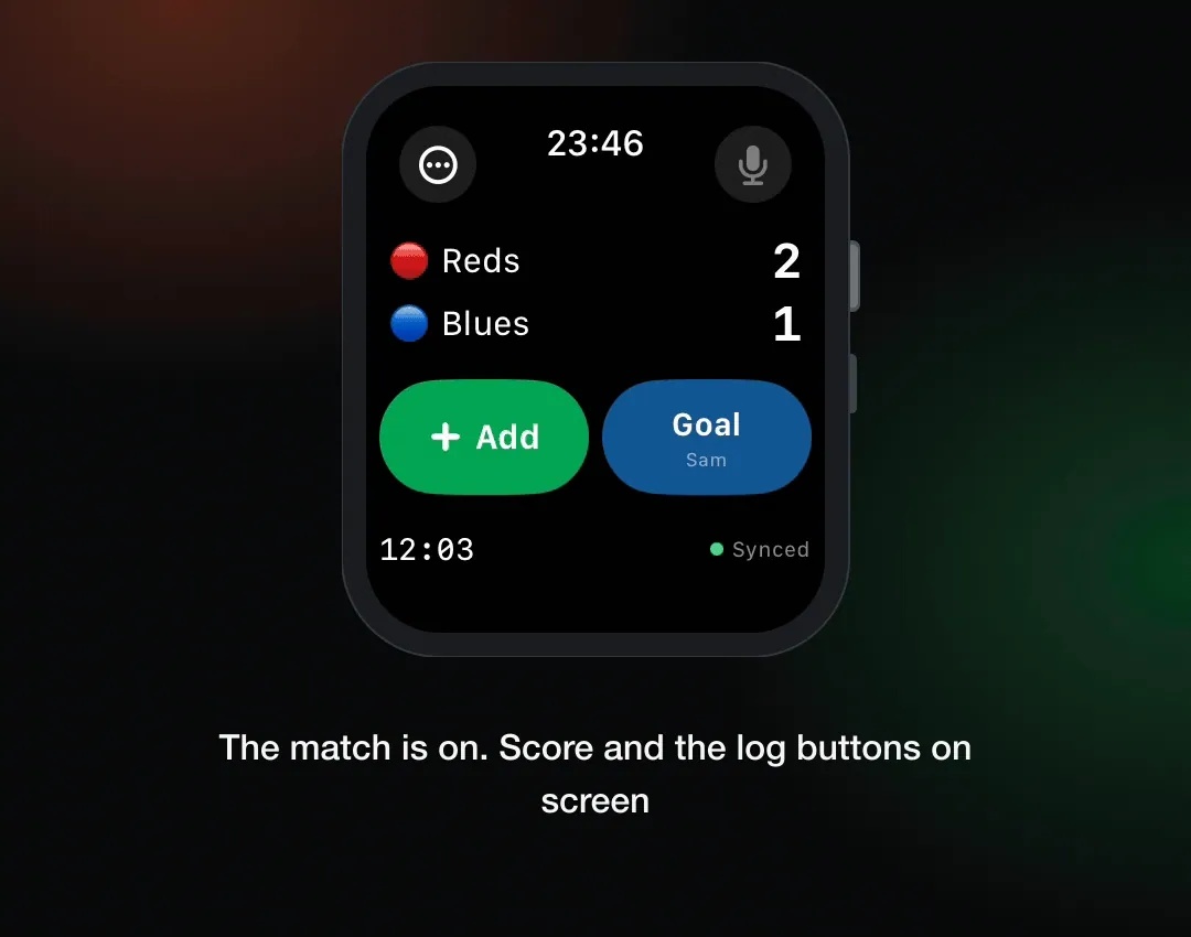 Logging a goal on Apple Watch: select team and player, then update the score