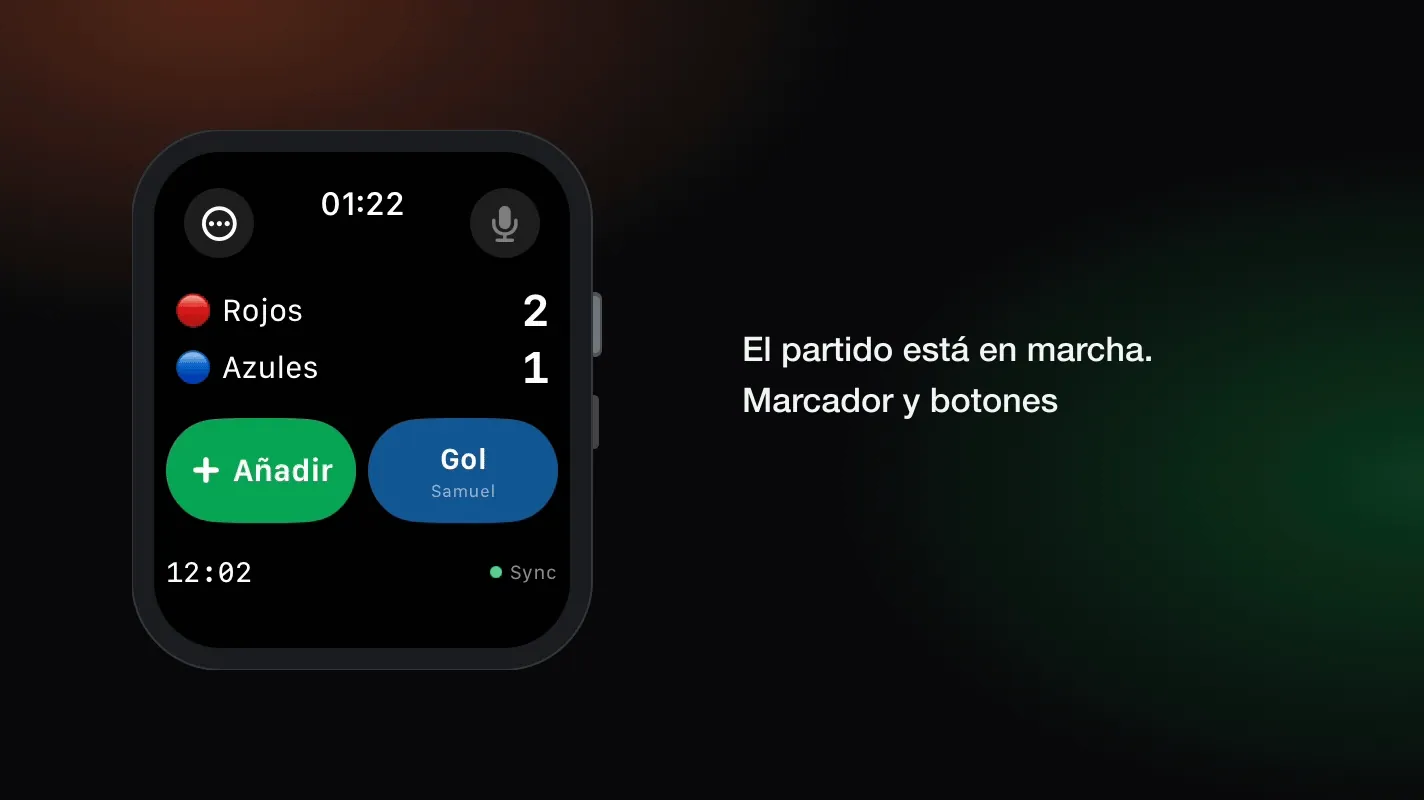 La interfaz de TeamUp Live en el Apple Watch: un gol registrado paso a paso, el marcador pasa de 2:1 a 3:1 y la entrada aparece en el acta del partido