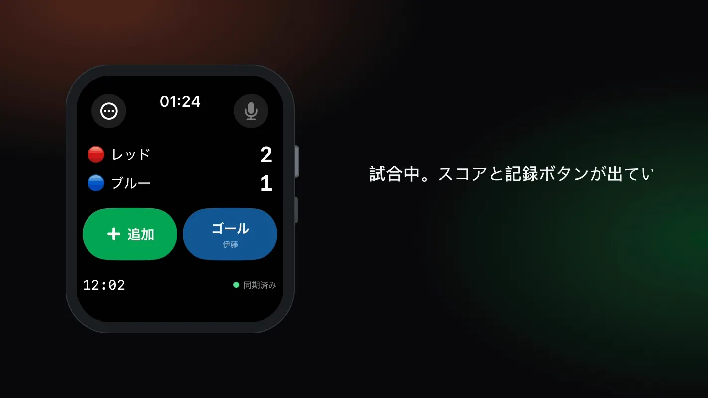 Apple WatchのTeamUp Live画面: ゴールを一手ずつ記録し、スコアが2対1から3対1に変わり、記録が試合の記録簿に並ぶ