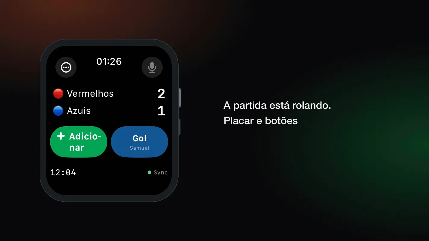 A interface do TeamUp Live no Apple Watch: um gol registrado passo a passo, o placar indo de 2:1 para 3:1 e o lançamento aparecendo na súmula da partida