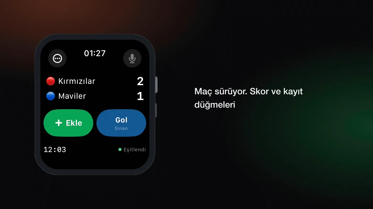 Apple Watch'ta TeamUp Live arayüzü: adım adım kaydedilen bir gol, 2:1'den 3:1'e değişen skor ve maç kaydında beliren giriş