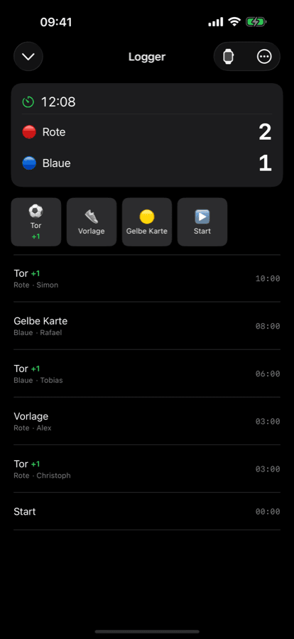 iPhone live game logger with the running match timeline