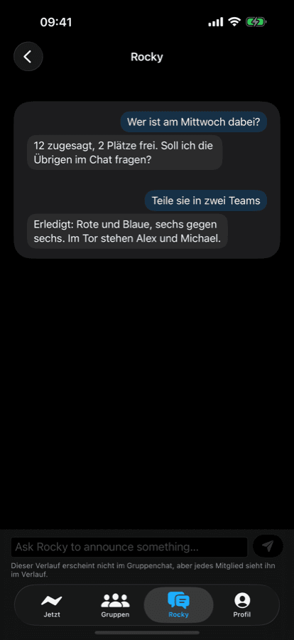 iPhone chat with Rocky splitting the squad into two teams