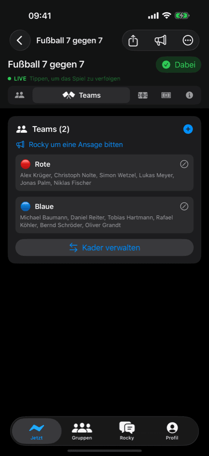 iPhone teams screen with Reds and Blues rosters