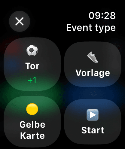 Apple Watch event menu: goal, assist, yellow card