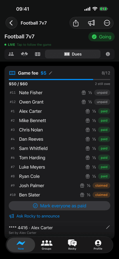 iPhone dues screen: game fee collection with who paid and who owes
