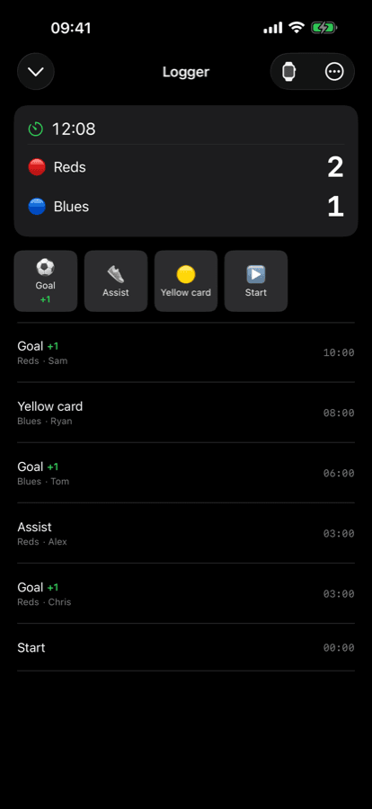 iPhone live game logger with the running match timeline