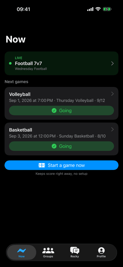 iPhone Now screen: the live game and the next games across groups