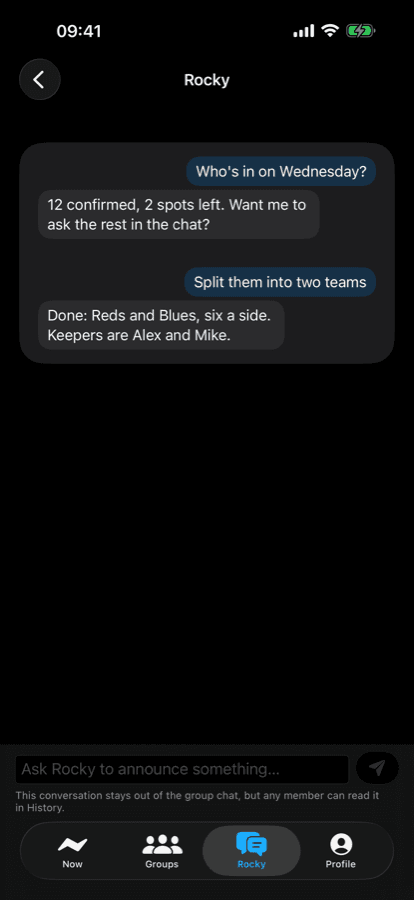 iPhone chat with Rocky splitting the squad into two teams
