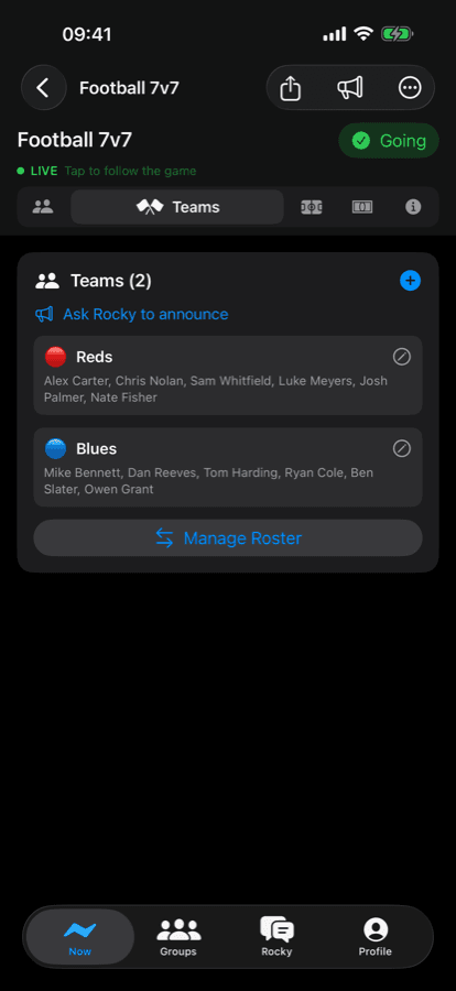 iPhone teams screen with Reds and Blues rosters