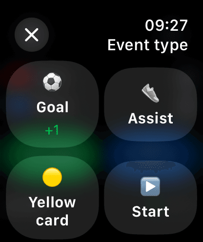 Apple Watch event menu: goal, assist, yellow card