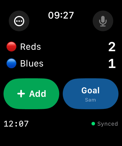 Apple Watch scoreboard: Reds 2, Blues 1 during a live match