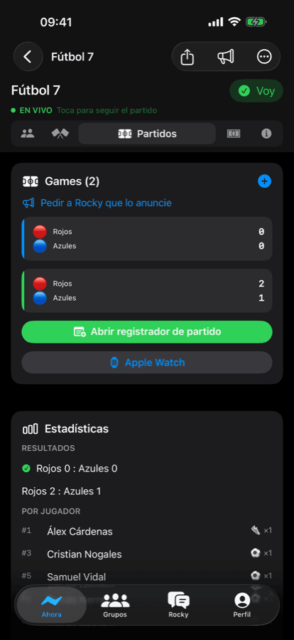 iPhone live game logger with the running match timeline