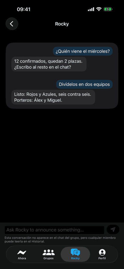 iPhone chat with Rocky splitting the squad into two teams