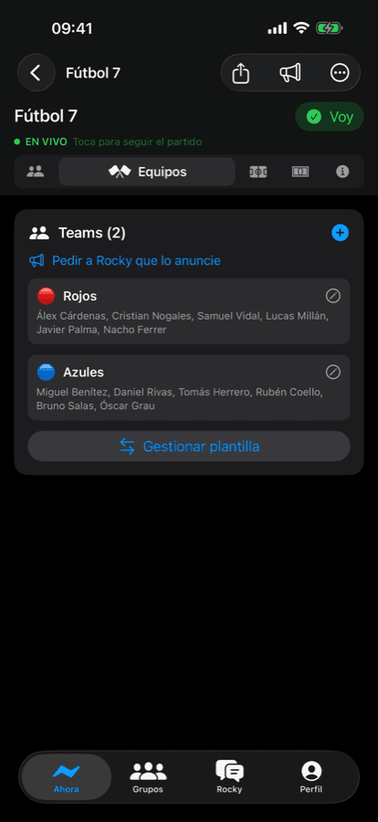 iPhone teams screen with Reds and Blues rosters