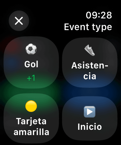 Apple Watch event menu: goal, assist, yellow card