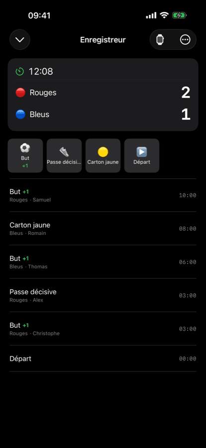 iPhone live game logger with the running match timeline